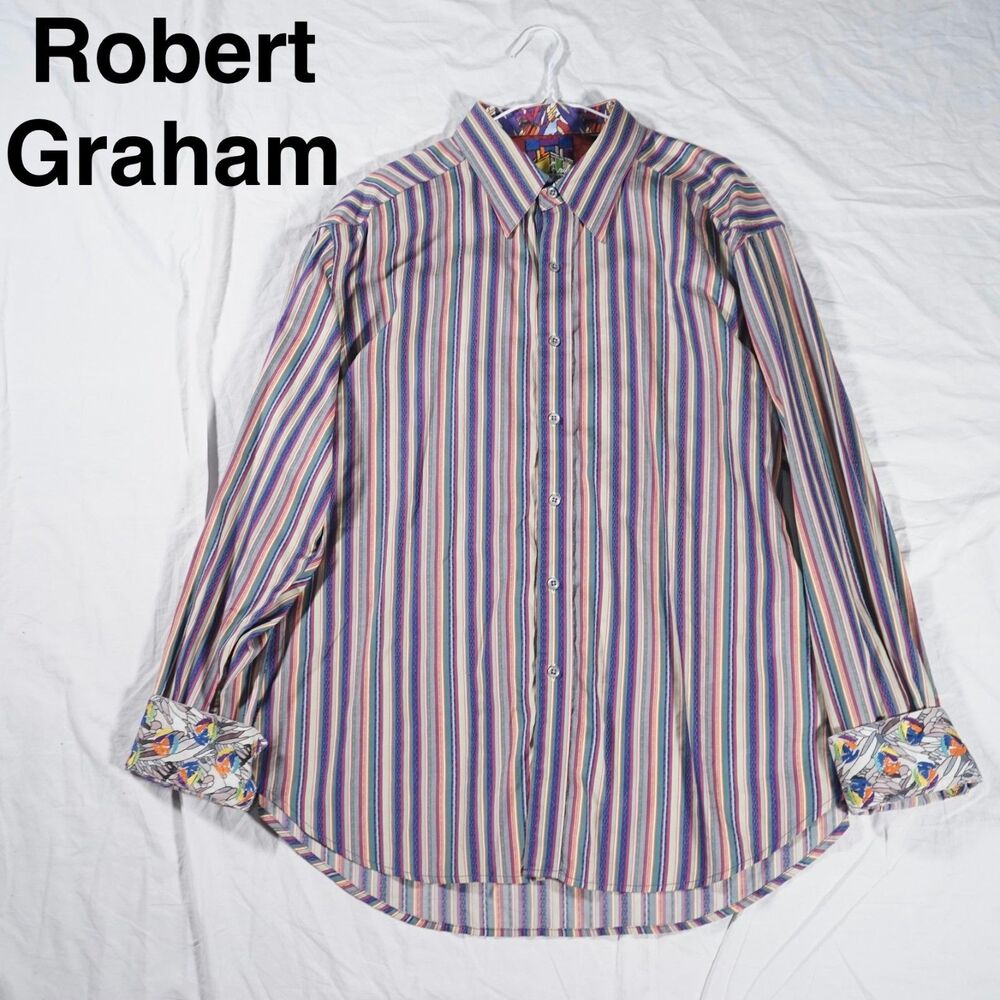 Robert Graham Button Up Dress Shirt Colorful Stripes Flip Cuff Embroidered 2XL